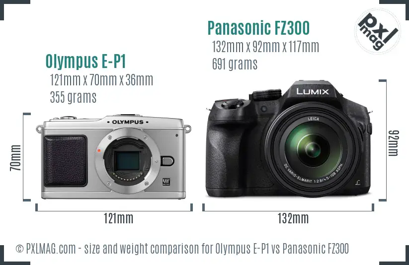 Olympus E-P1 vs Panasonic FZ300 size comparison