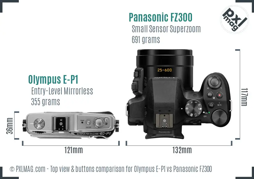 Olympus E-P1 vs Panasonic FZ300 top view buttons comparison