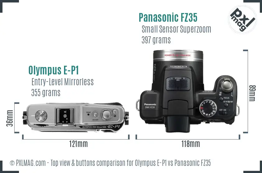 Olympus E-P1 vs Panasonic FZ35 top view buttons comparison