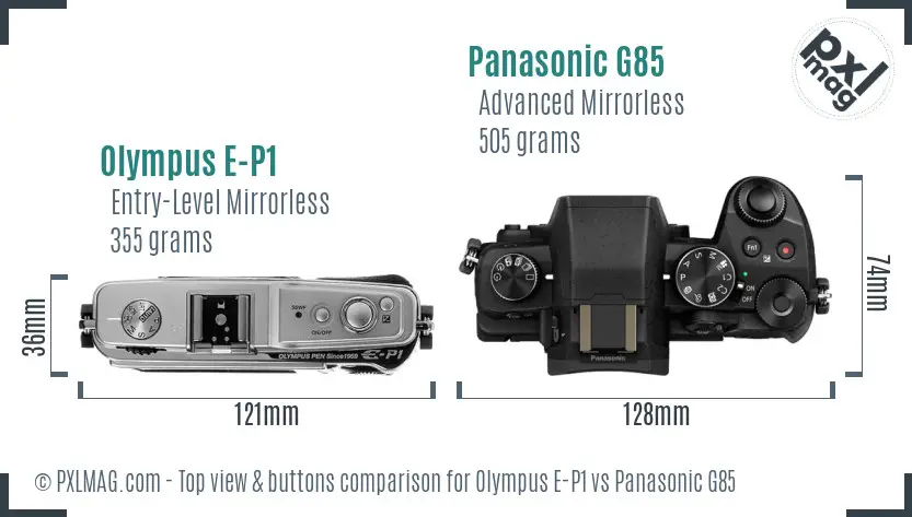 Olympus E-P1 vs Panasonic G85 top view buttons comparison