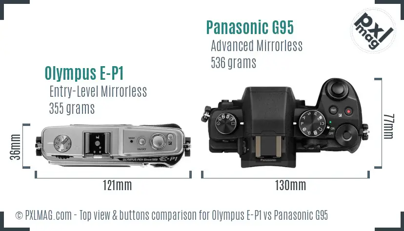 Olympus E-P1 vs Panasonic G95 top view buttons comparison