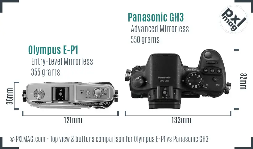 Olympus E-P1 vs Panasonic GH3 top view buttons comparison