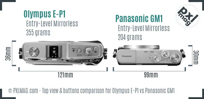 Olympus E-P1 vs Panasonic GM1 top view buttons comparison