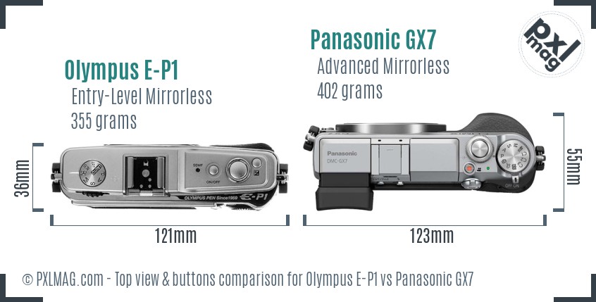 Olympus E-P1 vs Panasonic GX7 top view buttons comparison