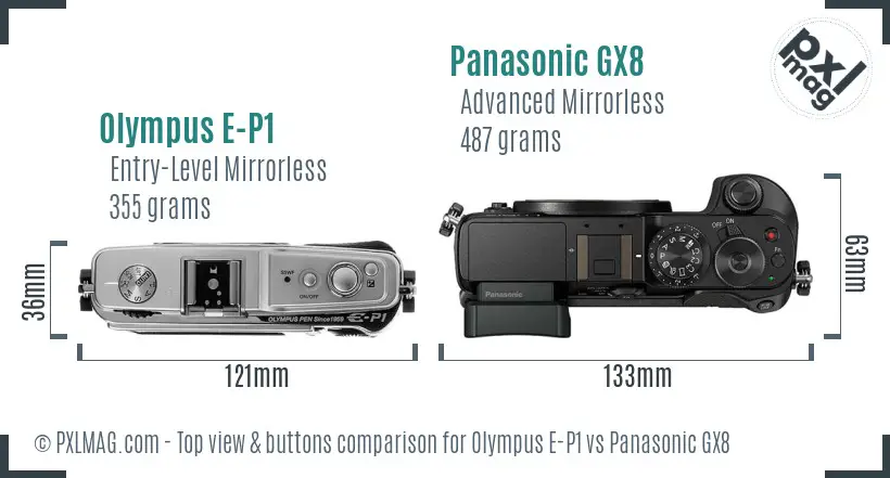 Olympus E-P1 vs Panasonic GX8 top view buttons comparison