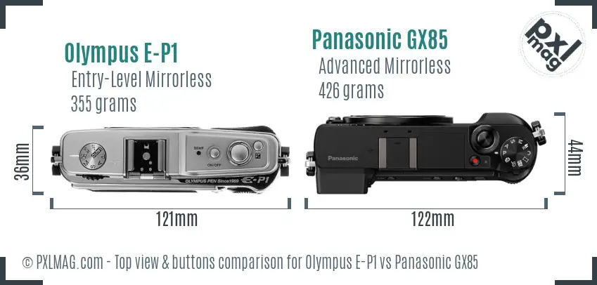 Olympus E-P1 vs Panasonic GX85 top view buttons comparison