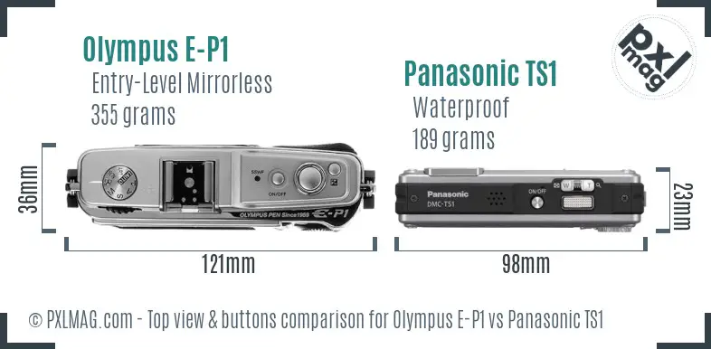 Olympus E-P1 vs Panasonic TS1 top view buttons comparison