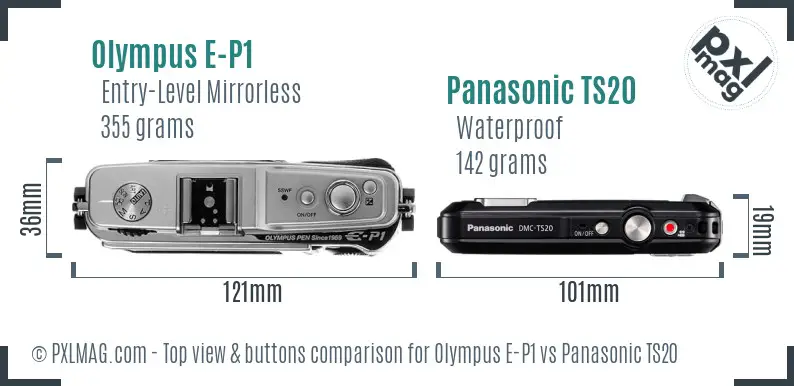 Olympus E-P1 vs Panasonic TS20 top view buttons comparison