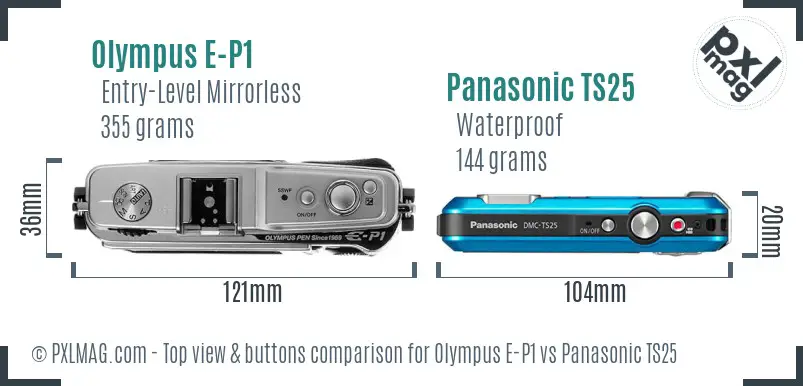 Olympus E-P1 vs Panasonic TS25 top view buttons comparison