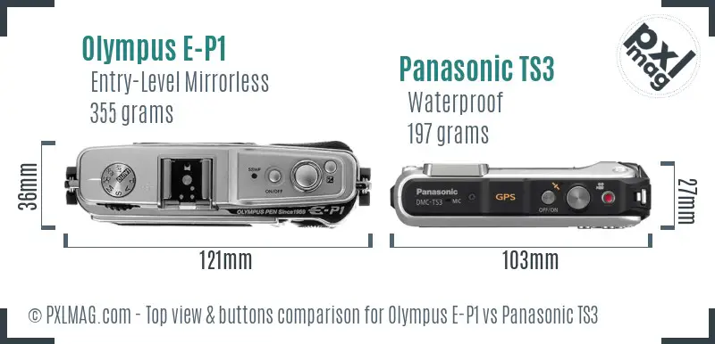 Olympus E-P1 vs Panasonic TS3 top view buttons comparison