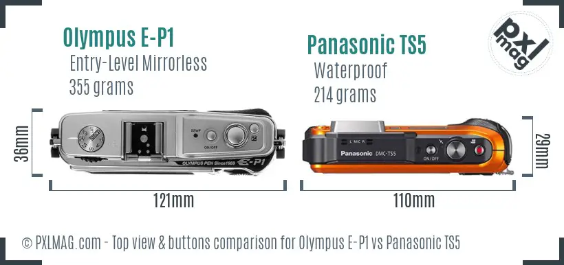 Olympus E-P1 vs Panasonic TS5 top view buttons comparison
