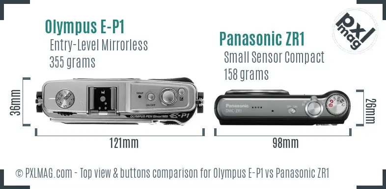 Olympus E-P1 vs Panasonic ZR1 top view buttons comparison