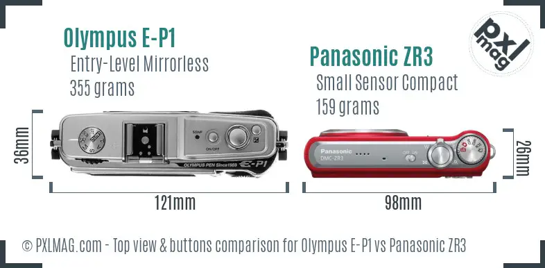 Olympus E-P1 vs Panasonic ZR3 top view buttons comparison