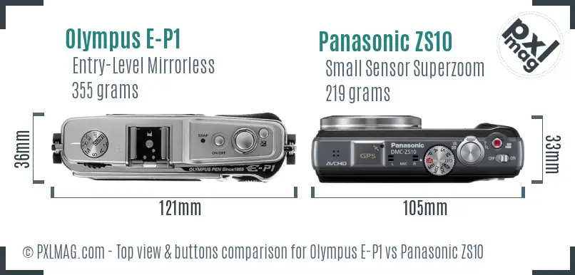 Olympus E-P1 vs Panasonic ZS10 top view buttons comparison