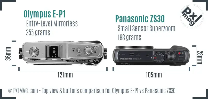 Olympus E-P1 vs Panasonic ZS30 top view buttons comparison