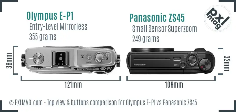 Olympus E-P1 vs Panasonic ZS45 top view buttons comparison