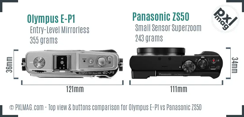 Olympus E-P1 vs Panasonic ZS50 top view buttons comparison