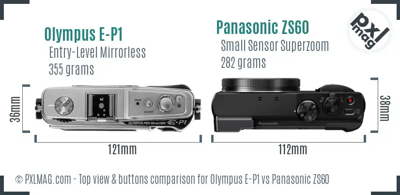 Olympus E-P1 vs Panasonic ZS60 top view buttons comparison