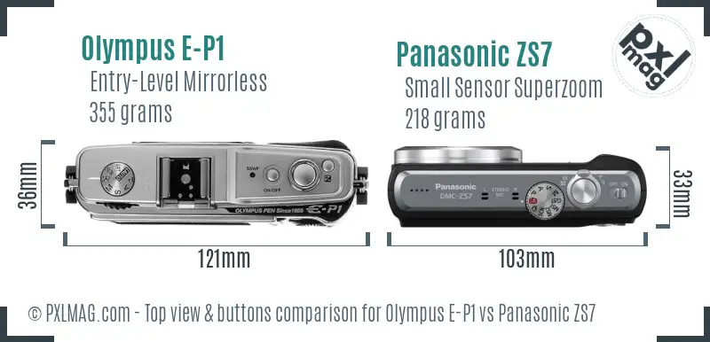 Olympus E-P1 vs Panasonic ZS7 top view buttons comparison