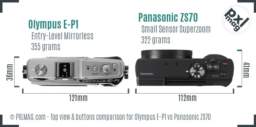 Olympus E-P1 vs Panasonic ZS70 top view buttons comparison