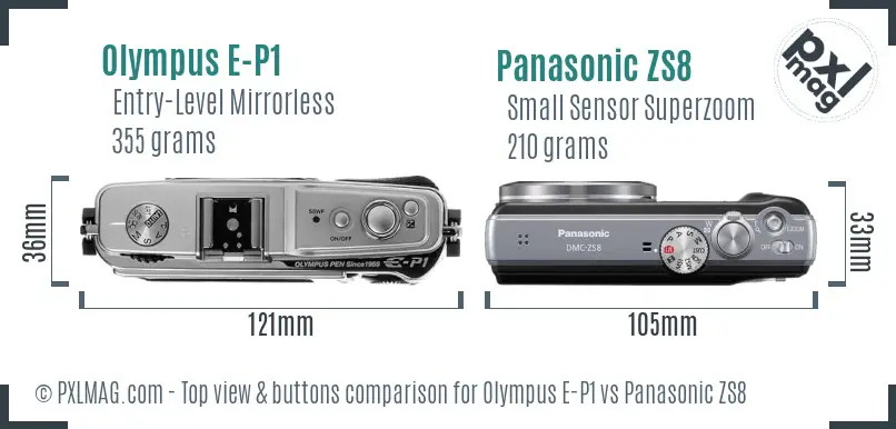 Olympus E-P1 vs Panasonic ZS8 top view buttons comparison
