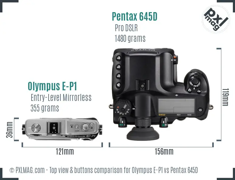 Olympus E-P1 vs Pentax 645D top view buttons comparison