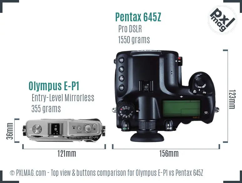 Olympus E-P1 vs Pentax 645Z top view buttons comparison