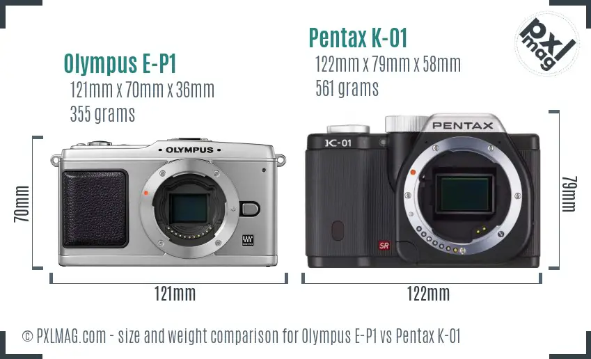 Olympus E-P1 vs Pentax K-01 size comparison