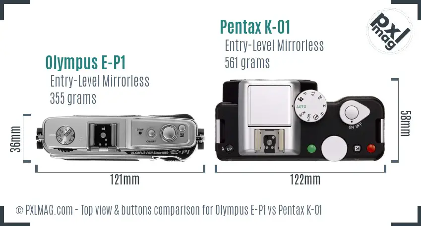 Olympus E-P1 vs Pentax K-01 top view buttons comparison