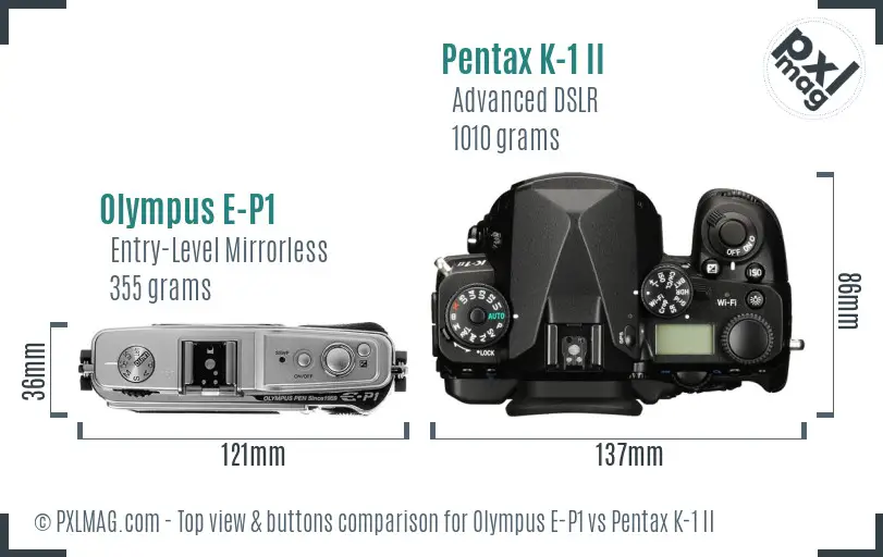 Olympus E-P1 vs Pentax K-1 II top view buttons comparison