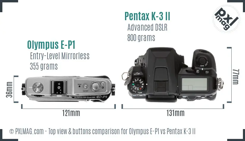 Olympus E-P1 vs Pentax K-3 II top view buttons comparison
