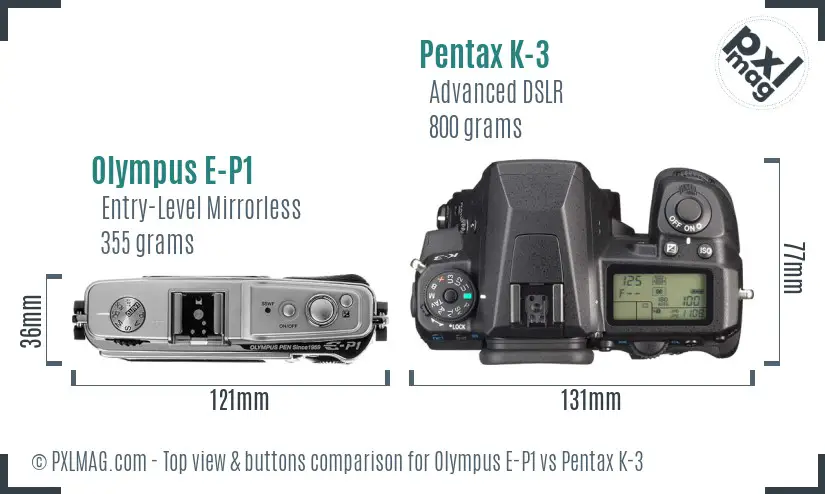 Olympus E-P1 vs Pentax K-3 top view buttons comparison