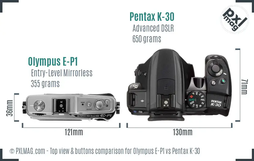 Olympus E-P1 vs Pentax K-30 top view buttons comparison