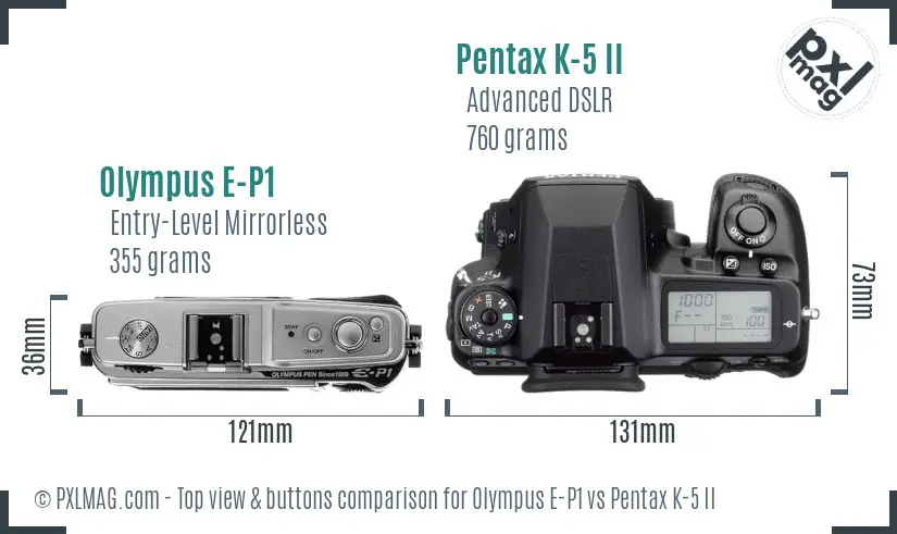 Olympus E-P1 vs Pentax K-5 II top view buttons comparison