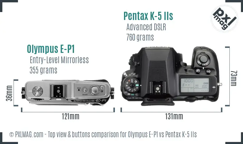Olympus E-P1 vs Pentax K-5 IIs top view buttons comparison