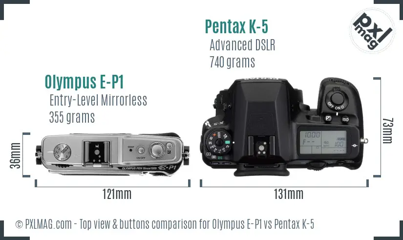 Olympus E-P1 vs Pentax K-5 top view buttons comparison