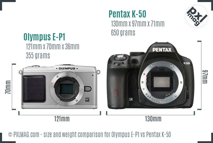 Olympus E-P1 vs Pentax K-50 size comparison