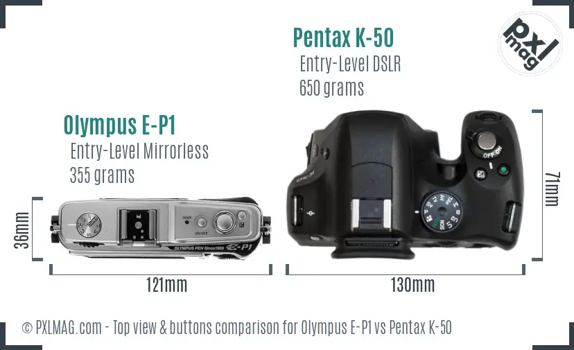 Olympus E-P1 vs Pentax K-50 top view buttons comparison