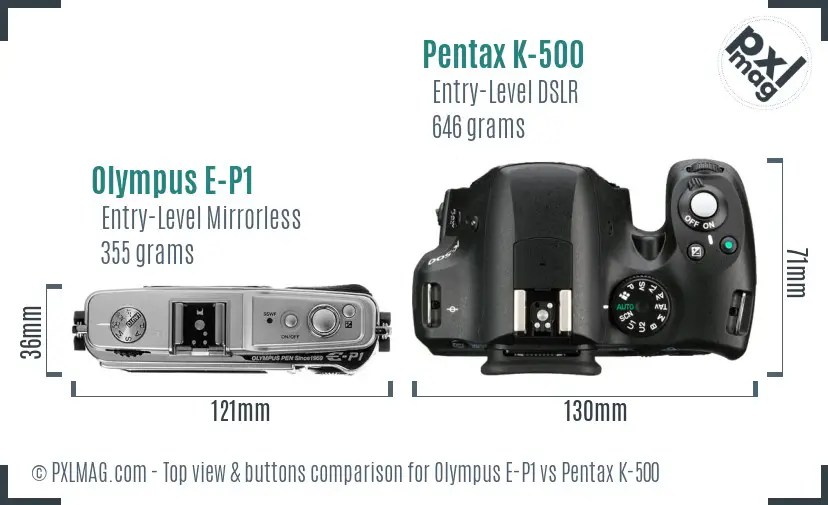 Olympus E-P1 vs Pentax K-500 top view buttons comparison