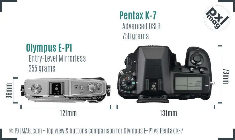 Olympus E-P1 vs Pentax K-7 top view buttons comparison