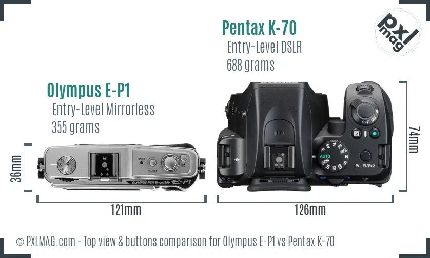 Olympus E-P1 vs Pentax K-70 top view buttons comparison