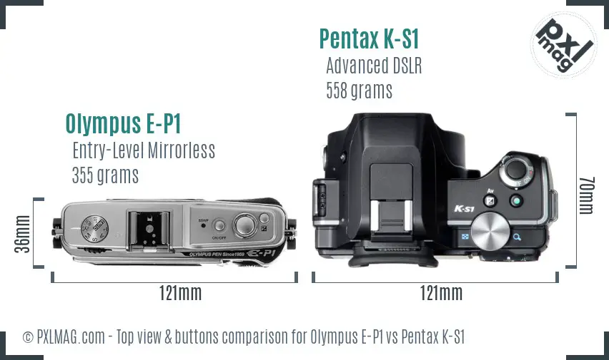 Olympus E-P1 vs Pentax K-S1 top view buttons comparison