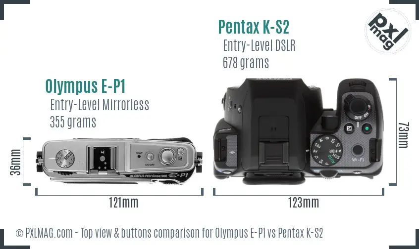 Olympus E-P1 vs Pentax K-S2 top view buttons comparison