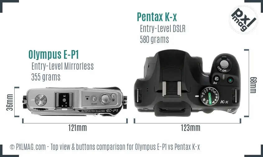 Olympus E-P1 vs Pentax K-x top view buttons comparison