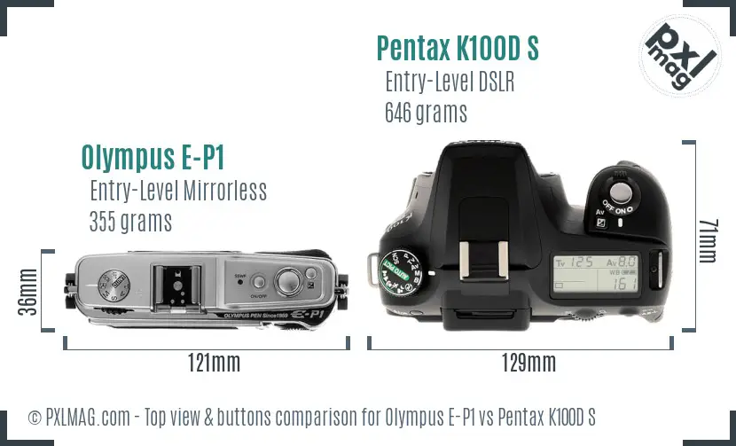 Olympus E-P1 vs Pentax K100D S top view buttons comparison