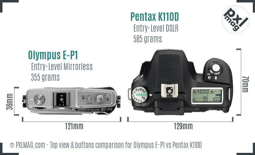 Olympus E-P1 vs Pentax K110D top view buttons comparison
