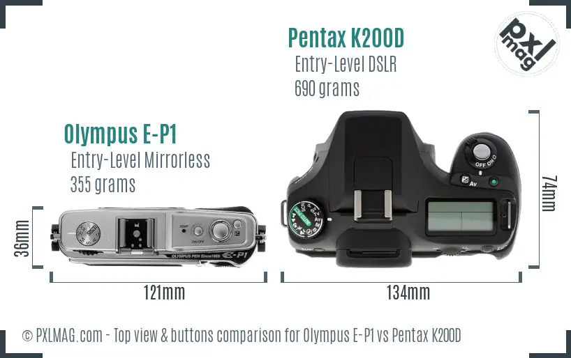 Olympus E-P1 vs Pentax K200D top view buttons comparison