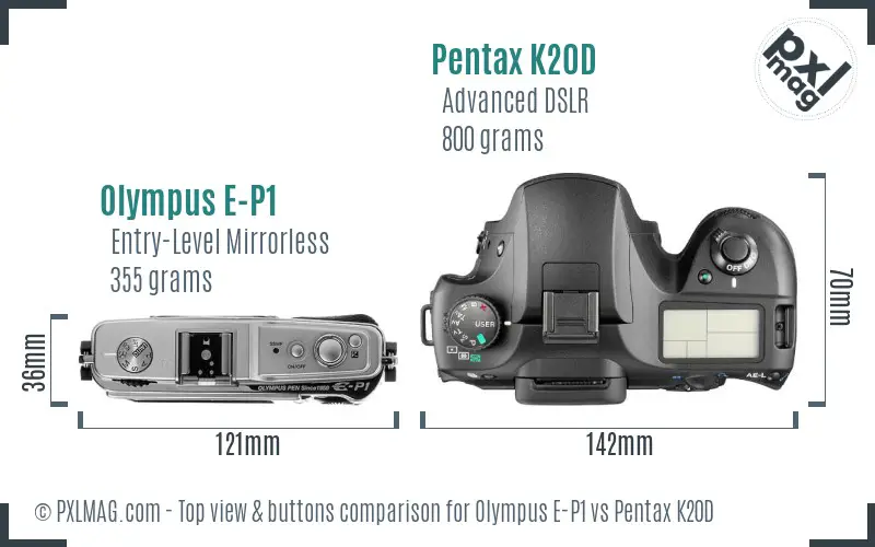 Olympus E-P1 vs Pentax K20D top view buttons comparison
