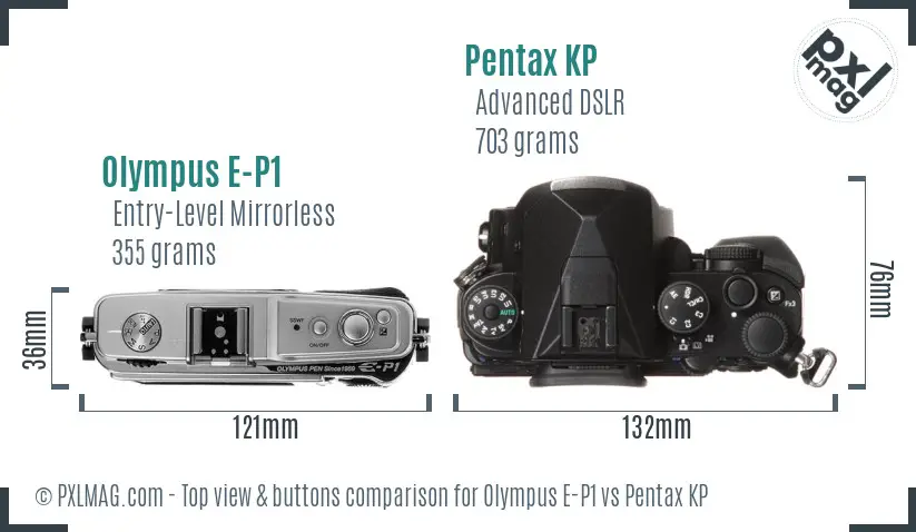 Olympus E-P1 vs Pentax KP top view buttons comparison