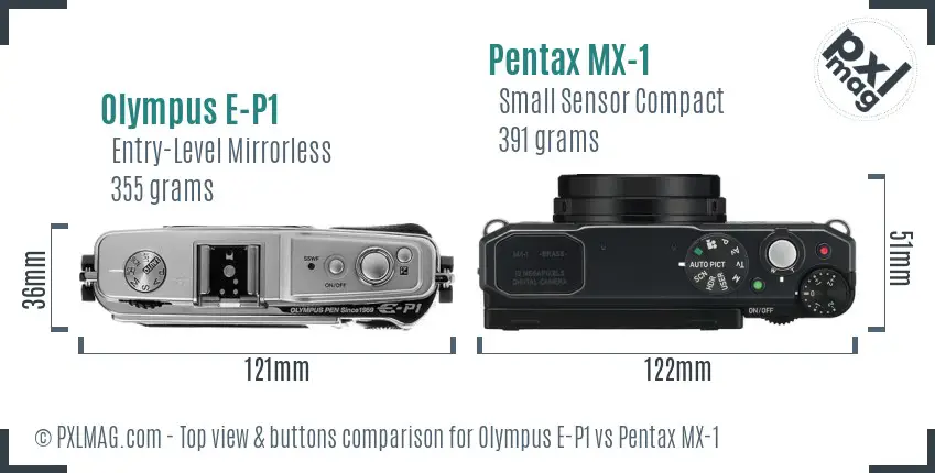 Olympus E-P1 vs Pentax MX-1 top view buttons comparison